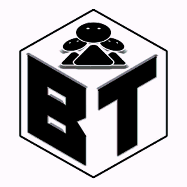 a pink and black cube with the letter bt on it