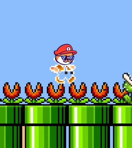 a pixel art of mario jumping in the air with the number 100 in the corner
