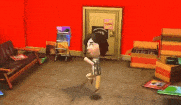 a video game character is jumping in a room