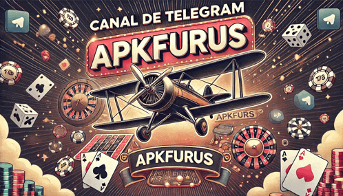 an advertisement for canal de telegram apkfurus shows a plane surrounded by playing cards dice and roulette wheels
