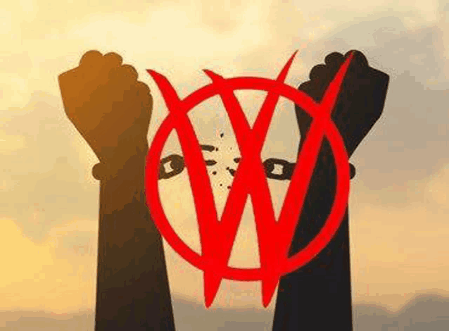 a silhouette of two fists with chains around them and a red circle with the letter w .