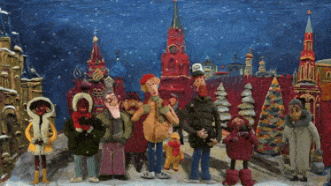 a group of cartoon characters are standing in front of a red tower with the letter r on it