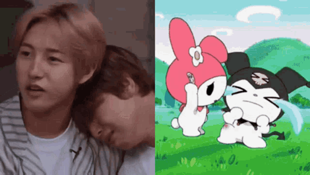 a couple of cartoon characters are sitting next to each other on a grassy field .
