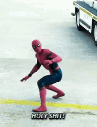 a man in a spiderman costume is squatting down and saying holy shit