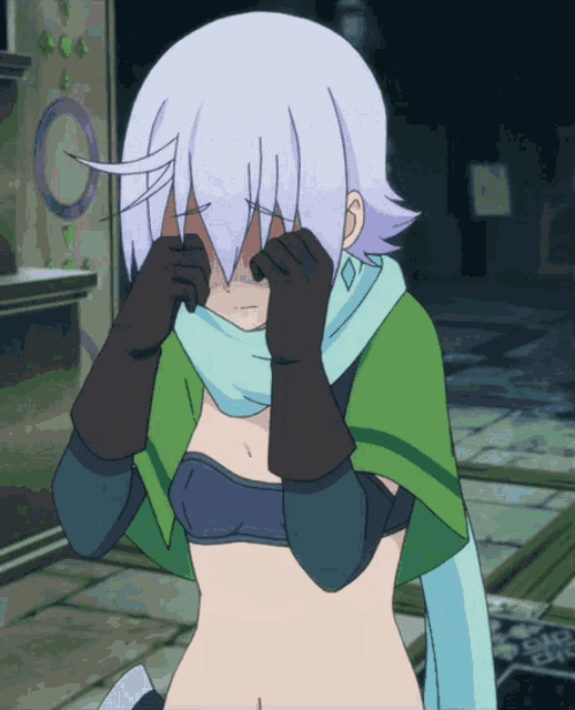 a girl with white hair and a green scarf covering her face