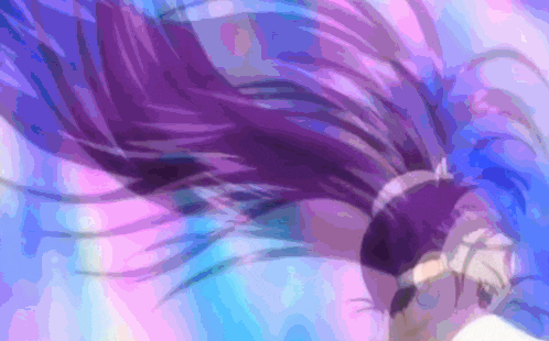 a woman 's hair is blowing in the wind against a blue and pink background