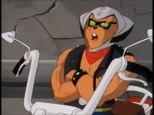 a cartoon character is sitting on a motorcycle