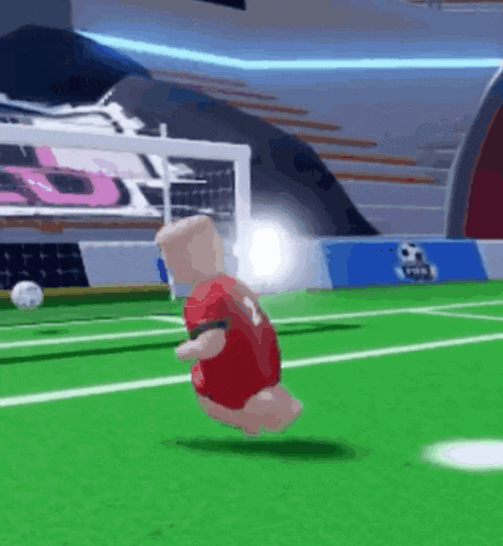 a cartoon character is playing a game of soccer on a field .