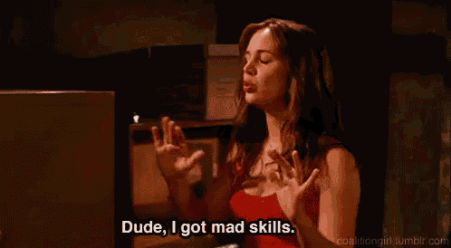 a woman in a red top is saying dude , i got mad skills .
