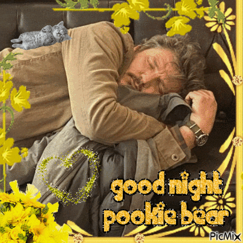 a picture of a man sleeping with the words goodnight pookie bear written on it