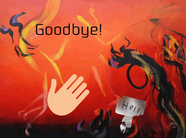 a painting of a hand and a sign that says hell