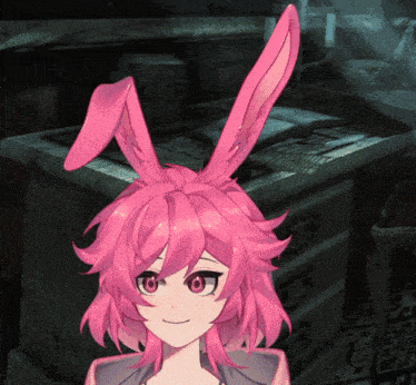 a girl with pink hair and bunny ears looks at the camera