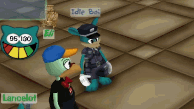 a video game scene with lancelot and idle boi talking