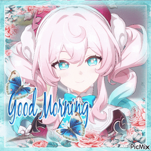 a girl with pink hair and blue eyes is surrounded by butterflies and the words good morning