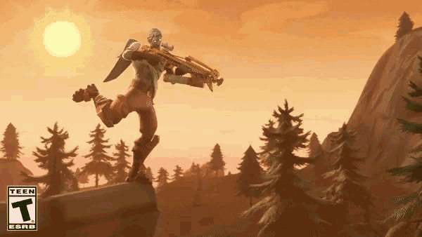 a video game character is jumping in the air while holding a rifle in front of a warning sign