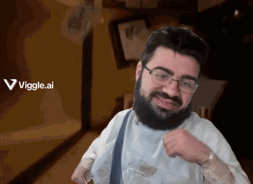 a man with glasses and a beard is smiling in front of a sign that says vigle.ai