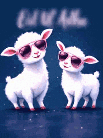 two sheep wearing sunglasses are standing next to each other .