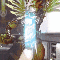 a pixel art of a statue with a blue light coming out of it 's chest