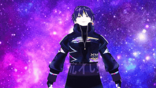a purple and blue background with a person wearing a black jacket that says ' ii ' on it