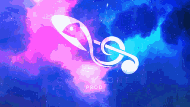 a blue and pink background with a treble clef and an eye
