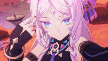 a girl with purple hair and blue eyes holds her finger to her head