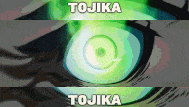 a close up of a person 's eye with the words tojika and tojika written above it