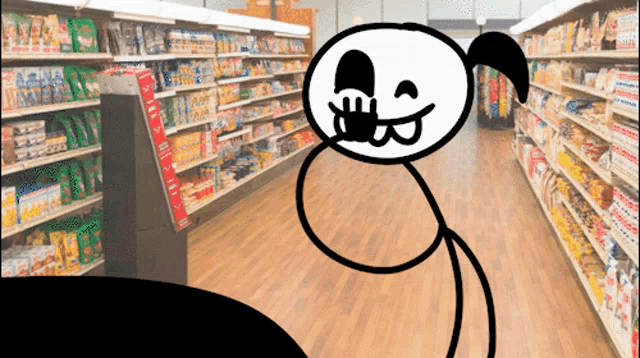 a cartoon character is standing in a grocery store aisle looking at something
