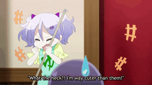 a girl is holding a mop and saying " what the heck i 'm way cuter than them "