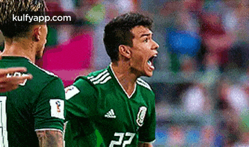 a soccer player in a green jersey is screaming in the air .