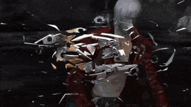 a woman in a red jacket is surrounded by broken glass