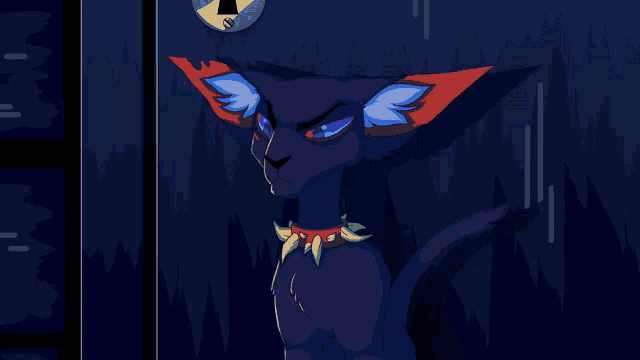 a drawing of a black cat with blue eyes and a red collar