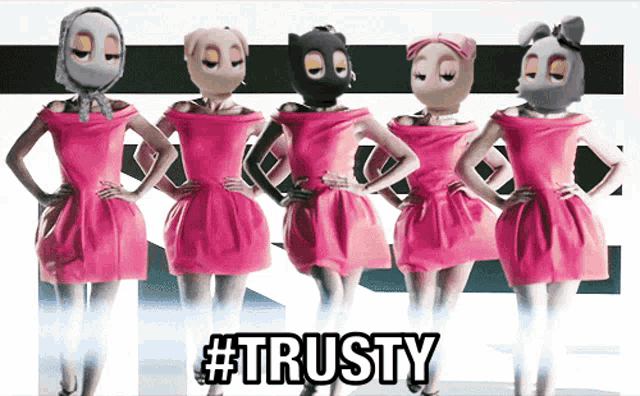 a group of women in pink dresses with masks on their faces standing next to each other with the caption #trusty