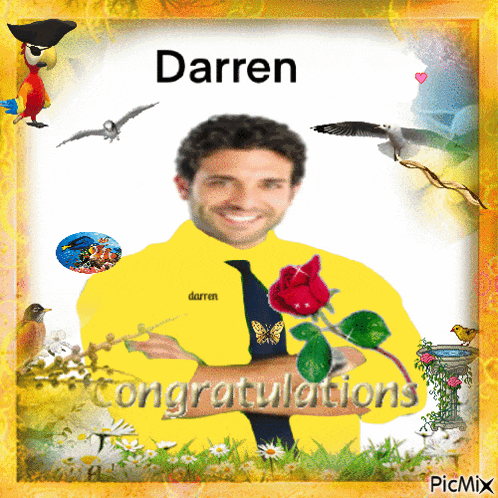 a picture of a man in a yellow jacket and tie with the name darren on it