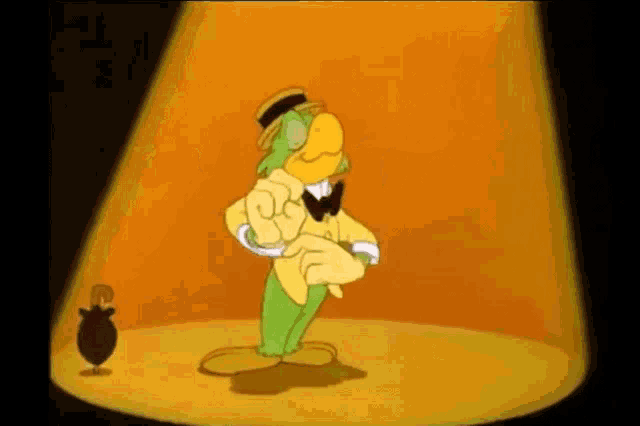 a cartoon parrot in a top hat and bow tie is standing on a stage .