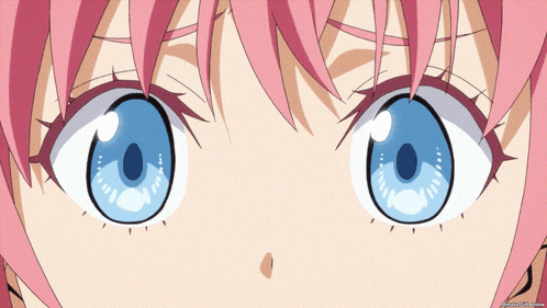 a close up of a girl 's eyes with a pink hair and blue eyes