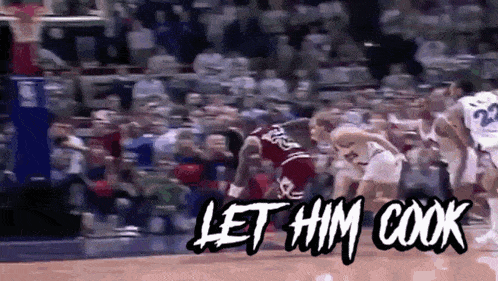 a basketball game is being played in front of a crowd and the words let him cook are written on the screen .