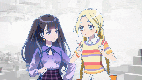 two anime girls are standing next to each other and one is pointing at something