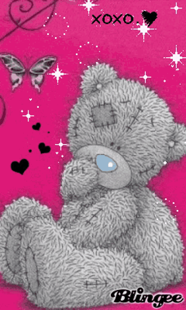 a teddy bear on a pink background with the words xoxo blingee on the bottom