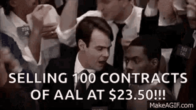 a man in a suit and tie is selling 100 contracts of aal at $ 23.5 .