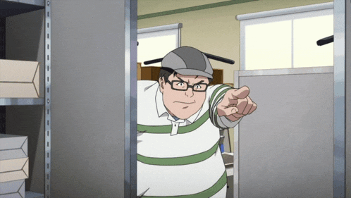 a man with glasses and a hat is pointing at something