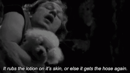 a black and white photo of a woman holding a teddy bear with the words it rubs the lotion on it 's skin