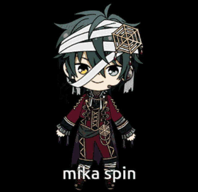 a cartoon character with a bandage on his head is holding two pumpkins and says mika spin on the bottom