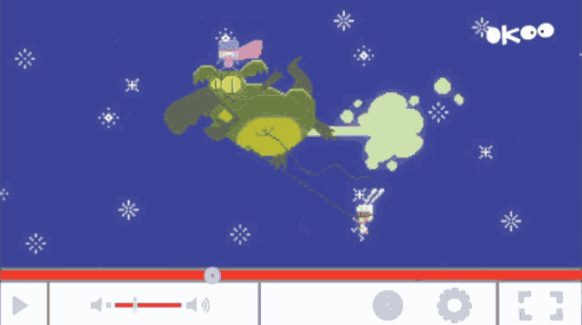 a video game screen shows a rabbit and a dragon flying in the air