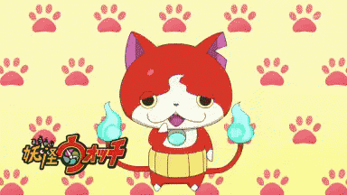 a red and white cartoon cat with a blue flame on its tail is surrounded by paw prints