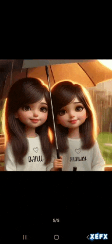 two dolls are holding umbrellas and wearing shirts that say banu