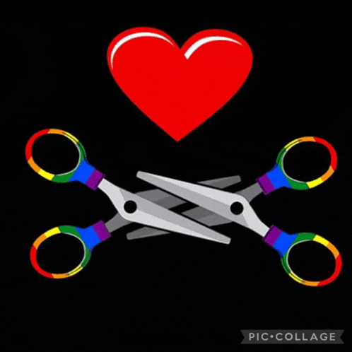 a pair of scissors with rainbow handles are crossed over a red heart .