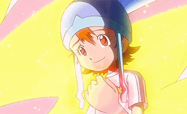 a cartoon girl with a blue helmet and a pink shirt