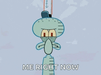 squidward from spongebob squarepants is brushing his teeth with a toothbrush and saying `` me right now `` .