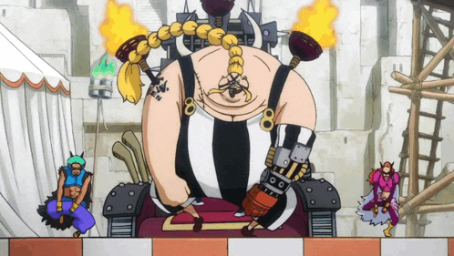 a cartoon character is sitting on a throne with flames coming out of his arms