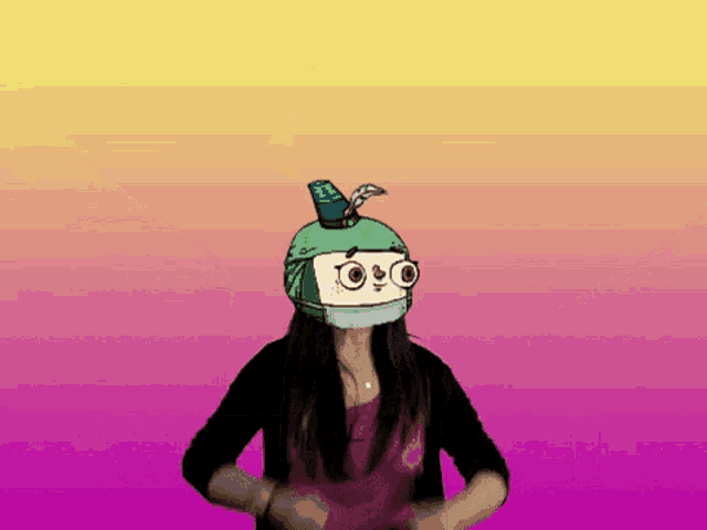 a woman wearing a helmet with a book on top of her head